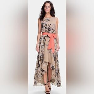 Eliza J Beige Floral Maxi Dress with Coral Sash Belt